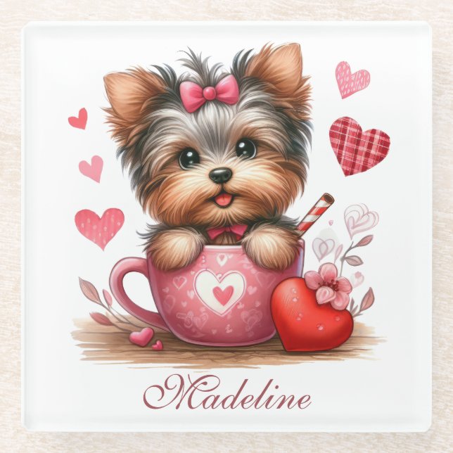 Posavasos De Vidrio Día de San Valentín Cute Yorkshire Terrier Dog (Anverso)