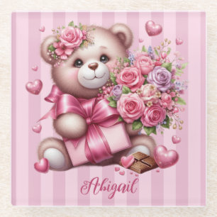 Posavasos De Vidrio Día de San Valentín Love Rosa Bear