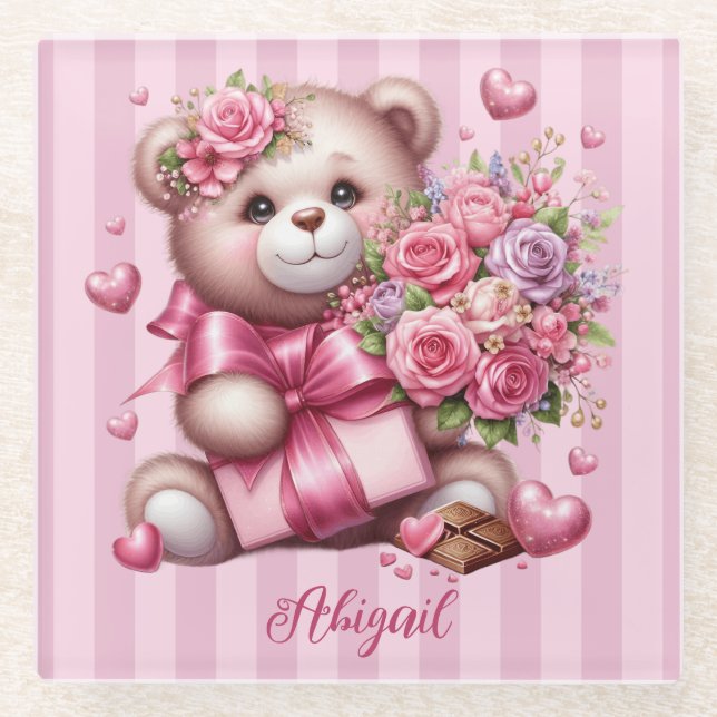 Posavasos De Vidrio Día de San Valentín Love Rosa Bear (Anverso)