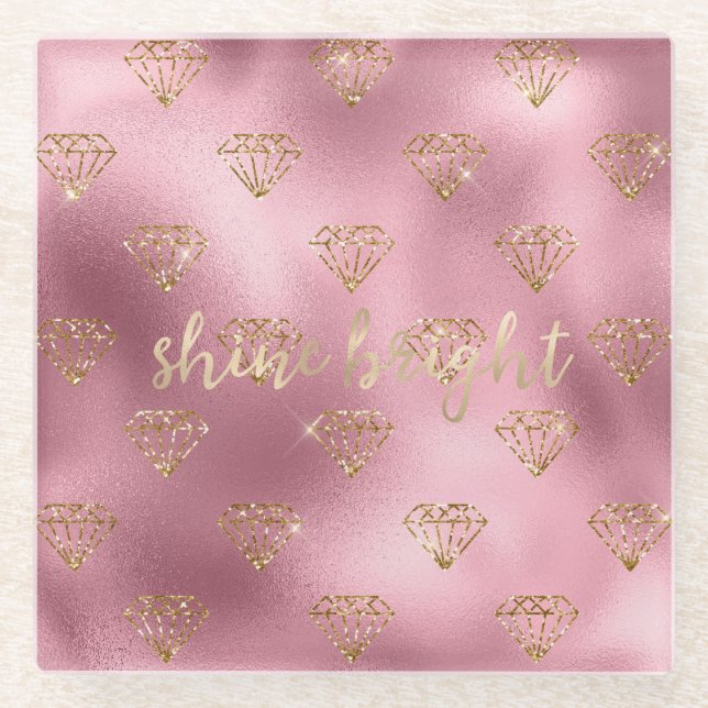Posavasos De Vidrio Diamantes de Purpurina rosado dorado (Anverso)