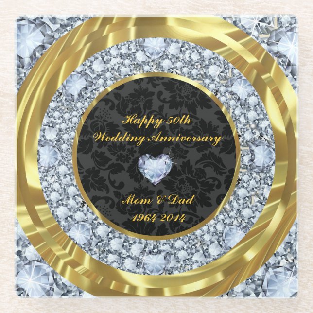 Posavasos De Vidrio Diamantes Encrustados Y Anillos Dorados. (Anverso)