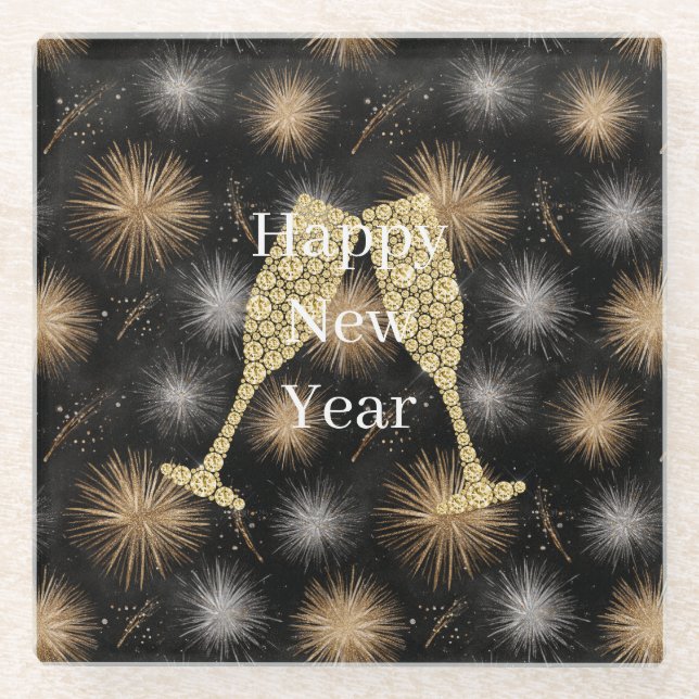 Posavasos De Vidrio Diamond Champagne Happy New Year Black Fireworks (Anverso)