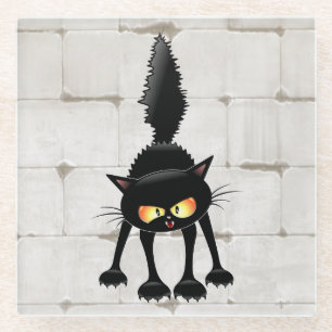 Posavasos De Vidrio Dibujo de Gato Negro Divertido y Feroz 