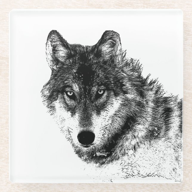 Posavasos De Vidrio Dibujo de lobo gris (Anverso)