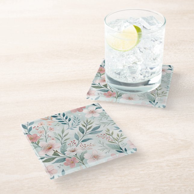 Posavasos De Vidrio Dibujo de patrón de flores Pastel (Angular)