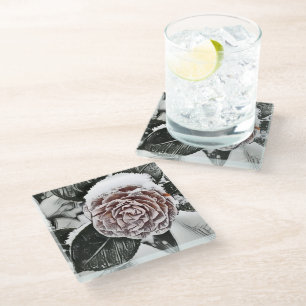 Posavasos De Vidrio Dibujo de Rosa congelado con niebla