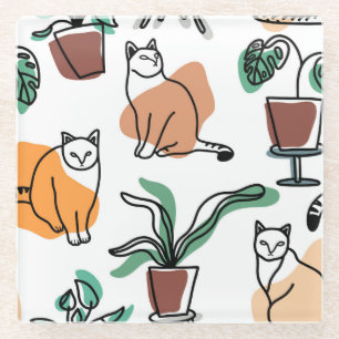 Posavasos De Vidrio Dibujo en línea de gatos y flores