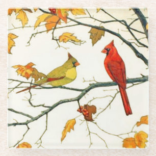 Posavasos De Vidrio Dibujo japonés del vintage, cardenales en una ram