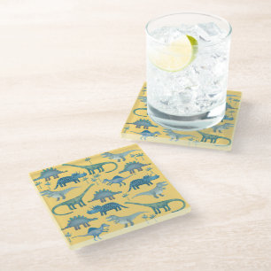 Posavasos De Vidrio Dinosaurios blancos y azules