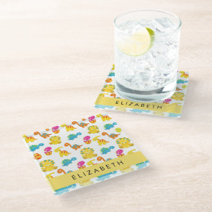 Posavasos De Vidrio Dinosaurios Cutos, Patrón De Dinosaurios, Tu Nombr