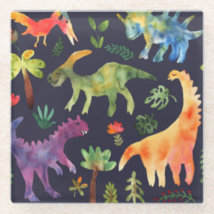 Posavasos De Vidrio Dinosaurios florales: Diseño de tela acuarela