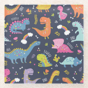 Posavasos De Vidrio Dinosaurios infantiles: Colorido patrón de cosecha