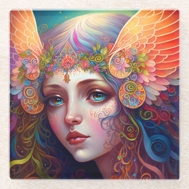 Posavasos De Vidrio Diosa arcoiris Fantasía Art Glass Coaster (Anverso)