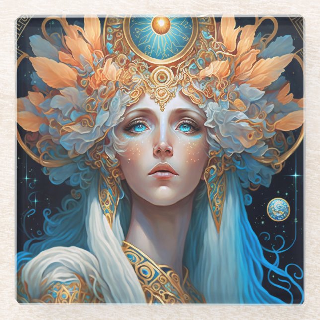 Posavasos De Vidrio Diosa de la noche: arte de la reina de la fantasía (Anverso)