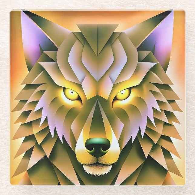 Posavasos De Vidrio Diseño animal de Ilustracion de lobo geométrico (Anverso)