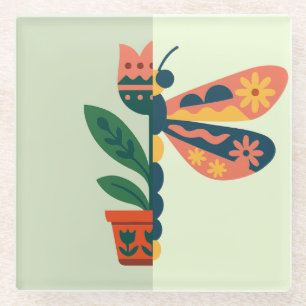 Posavasos De Vidrio Diseño caprichoso de libélula floral