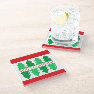 Posavasos De Vidrio Diseño de árbol verde de Navidad Simple Red