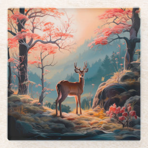 Posavasos De Vidrio Diseño de escena forestal encantadora de ciervos d