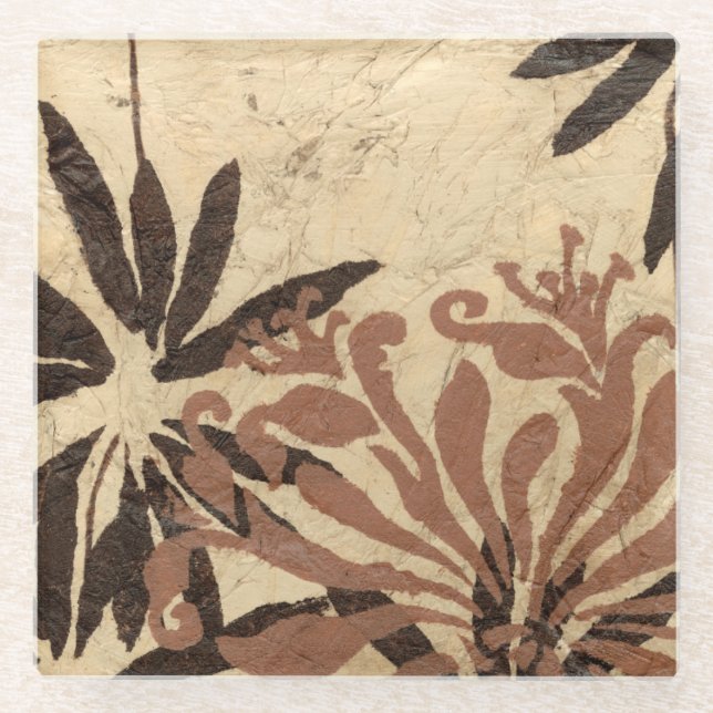 Posavasos De Vidrio Diseño de esténcil floral con hojas de Tawny (Anverso)