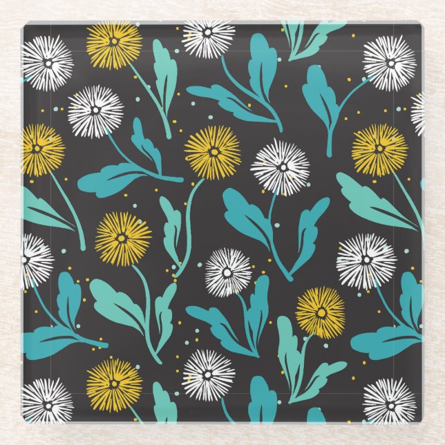 Posavasos De Vidrio Diseño de flores y hojas de Dandelion (Anverso)