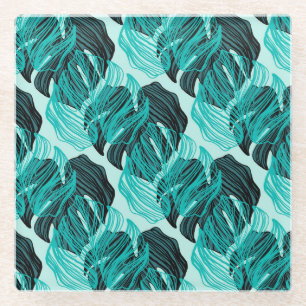 Posavasos De Vidrio Diseño de hojas de palmera tropicales verdes.
