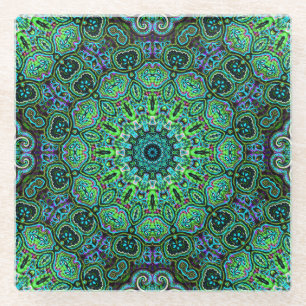 Posavasos De Vidrio diseño de mandala verde esmeralda