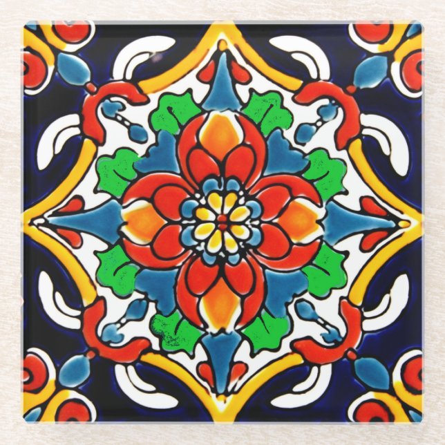 Posavasos De Vidrio Diseño de mosaico Talavera Terracotta Mexicana No. (Anverso)
