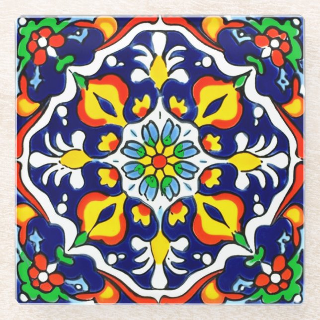 Posavasos De Vidrio Diseño de mosaico Talavera Terracotta Mexicana No. (Anverso)