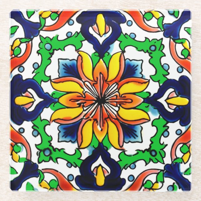 Posavasos De Vidrio Diseño de mosaico Talavera Terracotta Mexicana No. (Anverso)