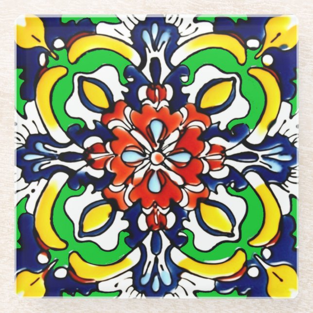 Posavasos De Vidrio Diseño de mosaico Talavera Terracotta Mexicana No. (Anverso)