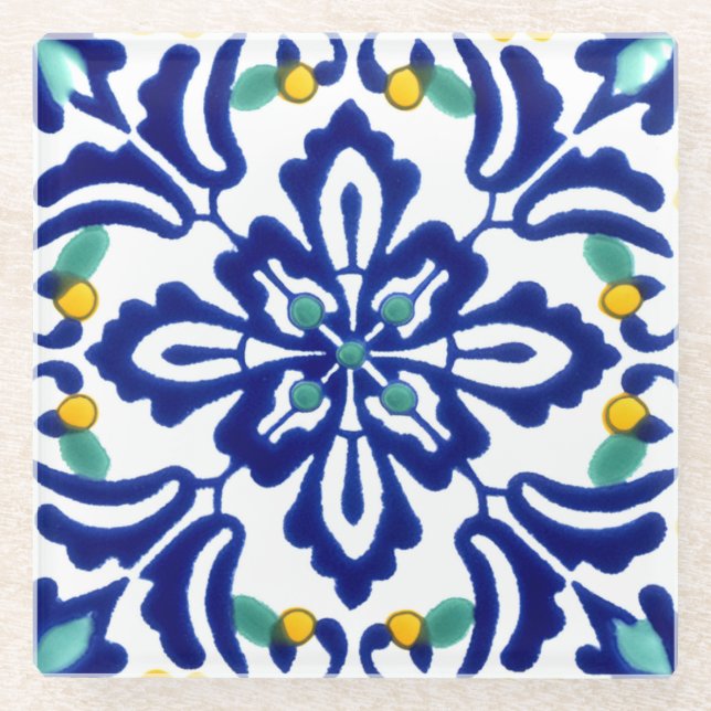 Posavasos De Vidrio Diseño de mosaico Talavera Terracotta Mexicana No. (Anverso)