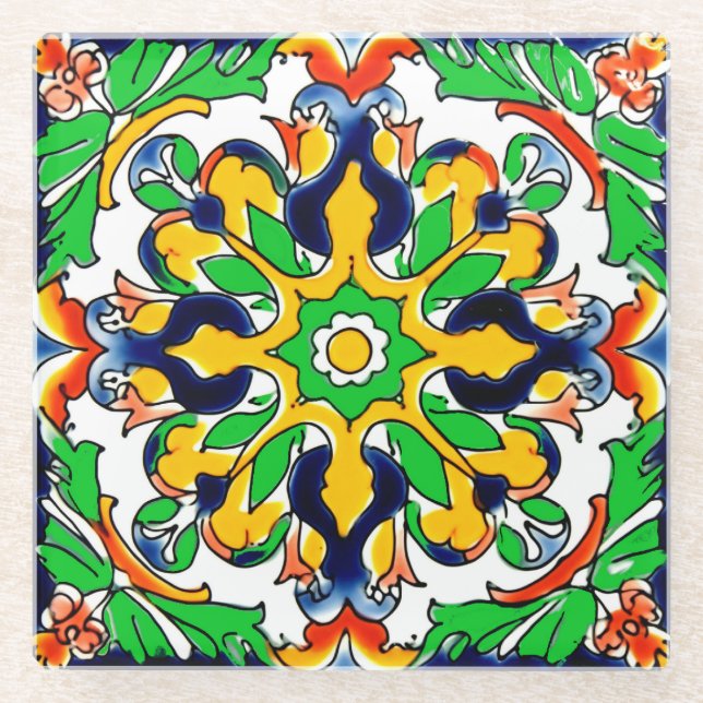 Posavasos De Vidrio Diseño de mosaico Talavera Terracotta Mexicana No. (Anverso)