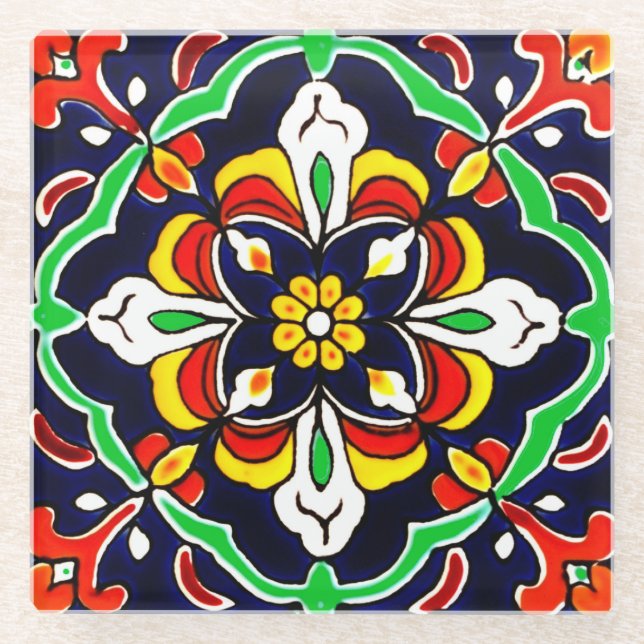 Posavasos De Vidrio Diseño de mosaico Talavera Terracotta Mexicana No. (Anverso)