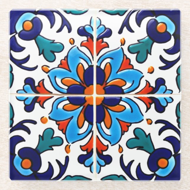 Posavasos De Vidrio Diseño de mosaico Talavera Terracotta Mexicana No. (Anverso)