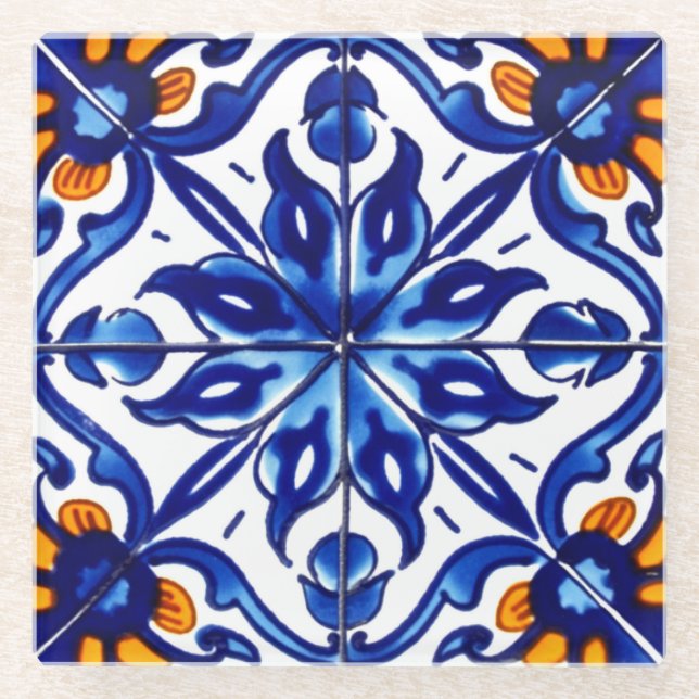 Posavasos De Vidrio Diseño de mosaico Talavera Terracotta Mexicana No. (Anverso)