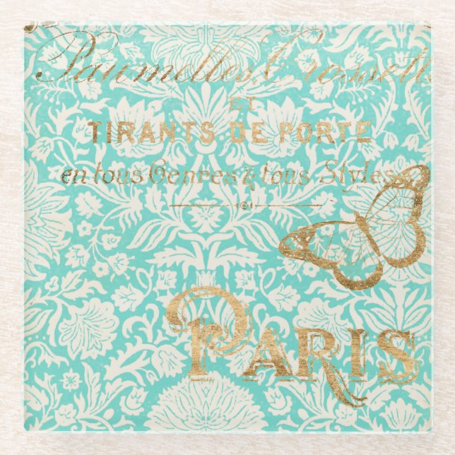 Posavasos De Vidrio Diseño de oro de París con mariposa (Anverso)