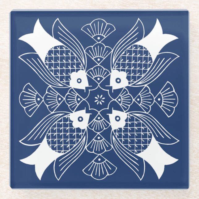 Posavasos De Vidrio Diseño de peces subacuáticos con fondo azul (Anverso)