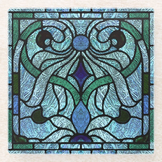 Posavasos De Vidrio Diseño de pergamino de vidrio manchado en azul y v (Anverso)