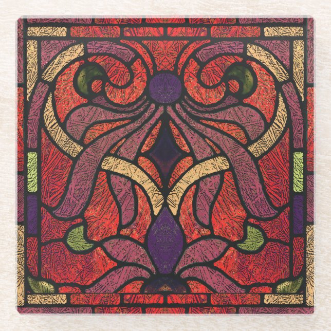 Posavasos De Vidrio Diseño de pergamino de vidrio manchado en Crimson  (Anverso)