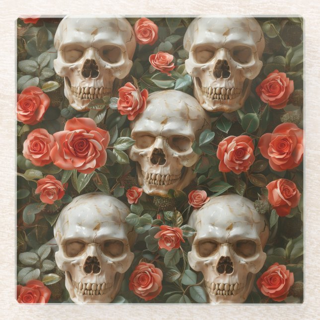 Posavasos De Vidrio Diseño de rosas y cráneos (Anverso)