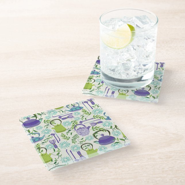 Posavasos De Vidrio Diseño de tetera verde japonesa (Angular)