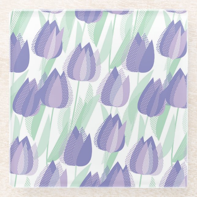 Posavasos De Vidrio Diseño de tulipanes: floral violeta pálida. (Anverso)