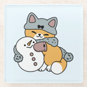Posavasos De Vidrio Diseño de vacaciones de invierno para gato con nie