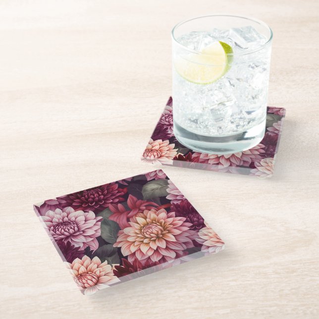 Posavasos De Vidrio Diseño del patrón Dahlia rosa rojo acuarela (Angular)