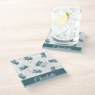 Posavasos De Vidrio Diseño floral azul de acero pintado a mano