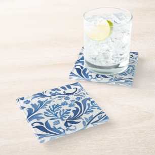 Posavasos De Vidrio Diseño floral azul y blanco Patrón de chinoiseri
