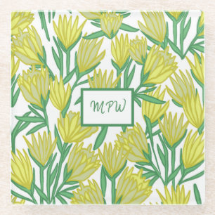 Posavasos De Vidrio Diseño floral de arte original amarillo personaliz