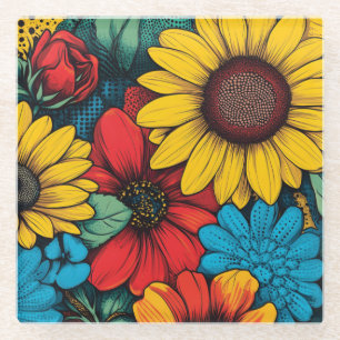 Posavasos De Vidrio Diseño floral de arte pop vibrante con girasoles