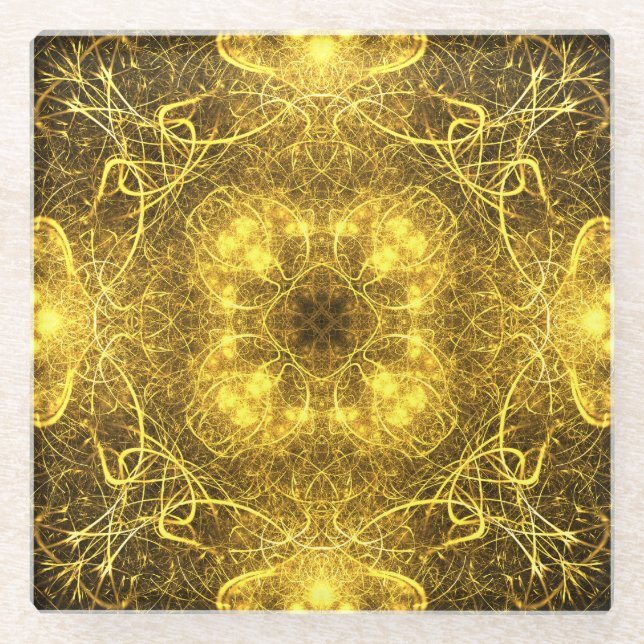 Posavasos De Vidrio Diseño fractal de oro artístico_montaña (Anverso)