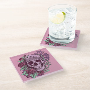 Posavasos De Vidrio Diseño goth de cráneo de lavanda con rosas